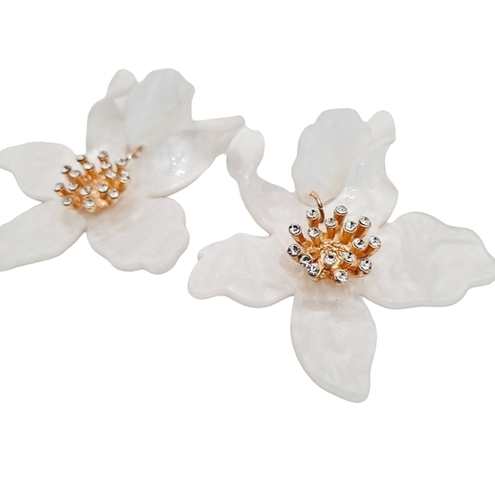 Gold White Flower Statement Earrings Oversized Rhinestone Bridal Formal Wedding - Picture 9 of 17